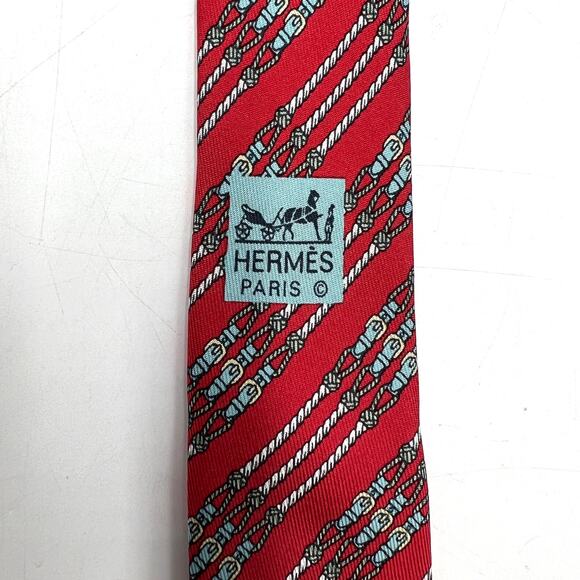 Hermes Silk Tie Buckle & Rope Motif Printed Stripes Red - Picture 4 of 6